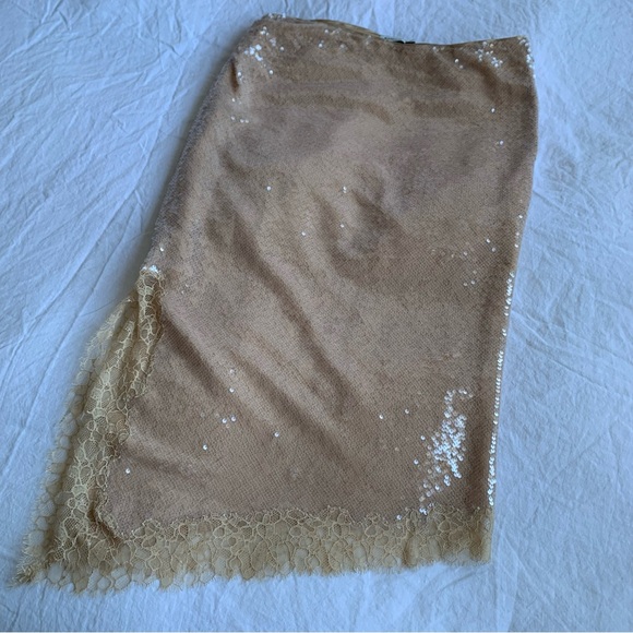 Simkhai Amrita Sequin Lace Midi Slit Slip Long Skirt Ginger Root Tan Nude - Picture 7 of 12